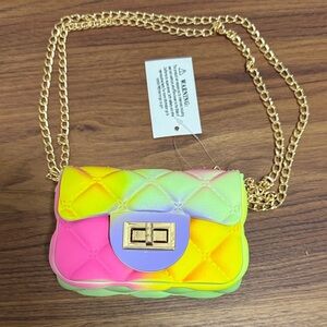 NWT Poppy Quilted PVC Crossbody Mini Bag in a Rainbow Tie Dye w/Gold Chain Strap